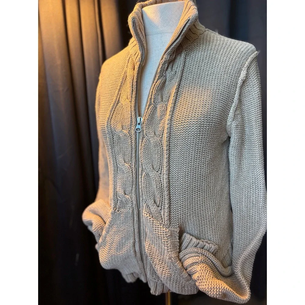 Old Navy Tan‎ Beige Cable Knit Full Zip Mock Neck Chunky Sweater  Womens M